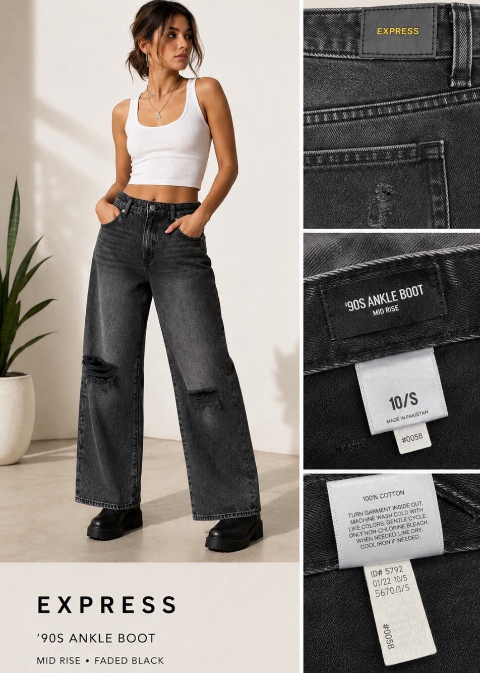Express Women's Wide Leg Ankle Jeans Size 10 Black Wash Distressed Denim Grunge